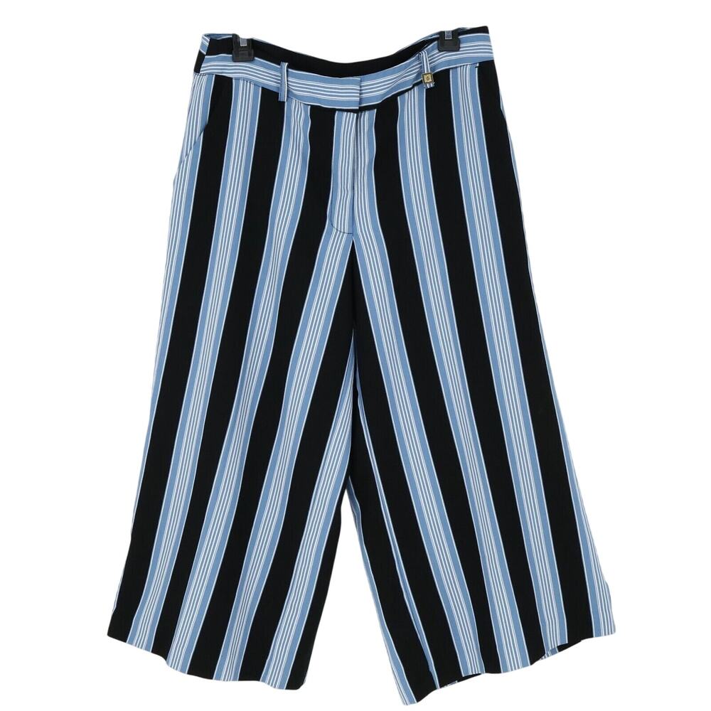 Anne Klein Pants Womens 8 Black Blue Stripe Crop Wide Leg Lightweight Ankle